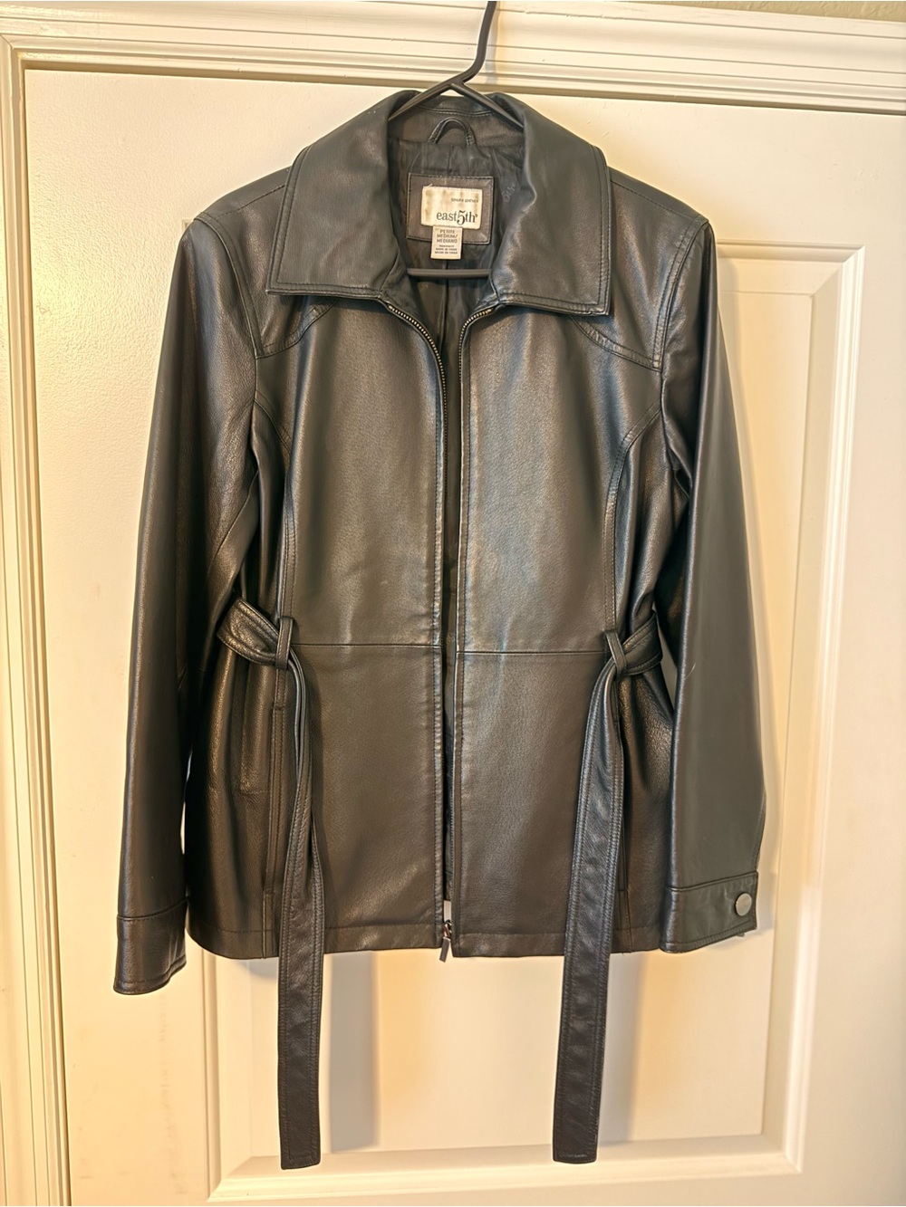East 5th Black Leather Zip Jacket with Waist Ties